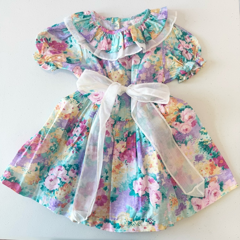Vintage Allison Ann Floral Ruffle Dress with White Bow - 2/3T
